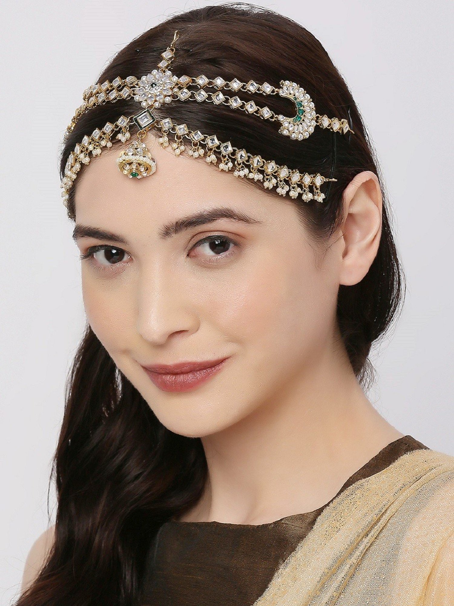 Oomph Gold Tone Kundan and Pearls Traditional Wedding Bridal Matha Patti