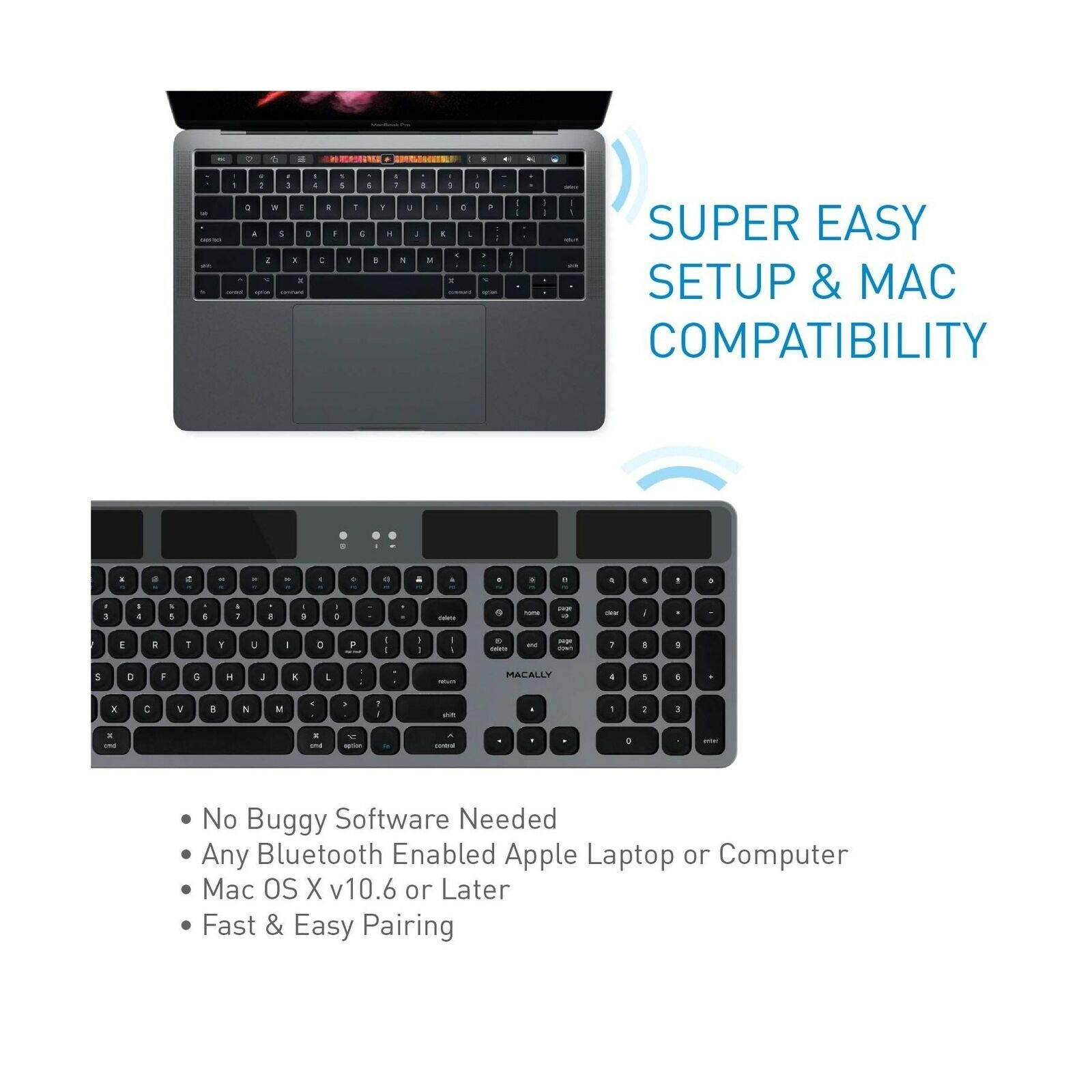 Macally Bluetooth Wireless Solar Keyboard for Mac Mini/Pro, iMac Desktop Computers & Apple MacBook Pro/Air Laptops | Rechargeable Via Any Light Source | Caps Lock/Battery Indicators - Space gray