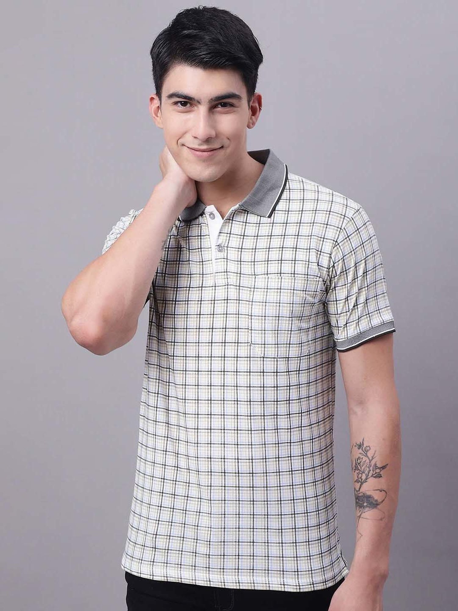 Venitian- Forbidden Clothing Olive & White Slim Fit Check Polo T-Shirt