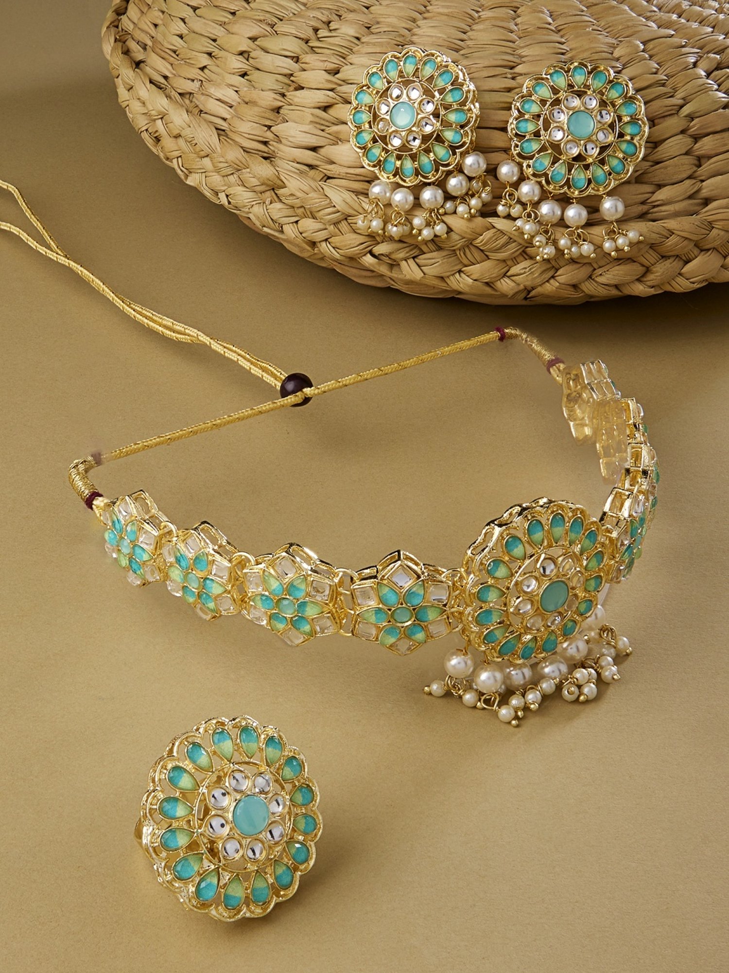 Zaveri Pearls Turquoise & Green Stones Necklace, Earring & Ring Set