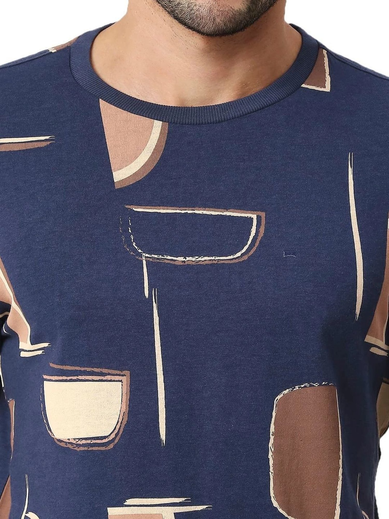 Basics Blue Muscle Fit Printed T-Shirt