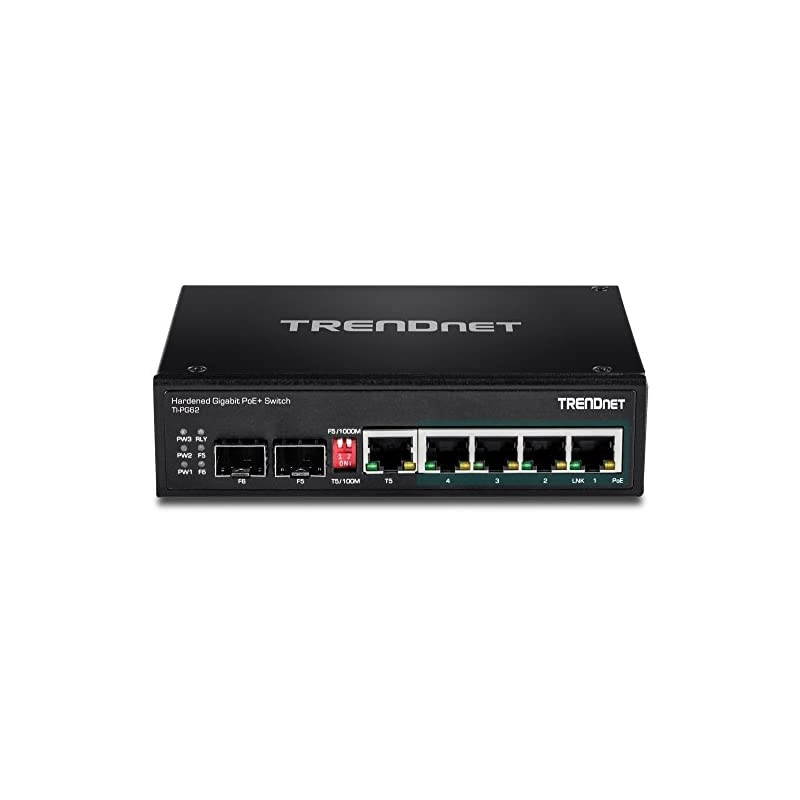 6-Port Hardened Industrial Gigabit PoE+ DIN-Rail Switch, 4 x Gigabit PoE+ Ports, Shared Gigabit Port (RJ-45/SFP), Dedicated SFP, 120W Power Budget, IP30, Lifetime Protection, Black, TI-PG62