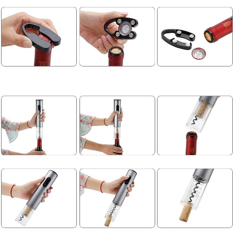 Electric Wine Bottle Opener 4 Piece Set Automatic Corkscrew Wine Opener, Includes Foil Cutter, Wine Pourer, Vacuum Pump Stopper, Battery Operated, Stainless Steel, Gift Box Set
