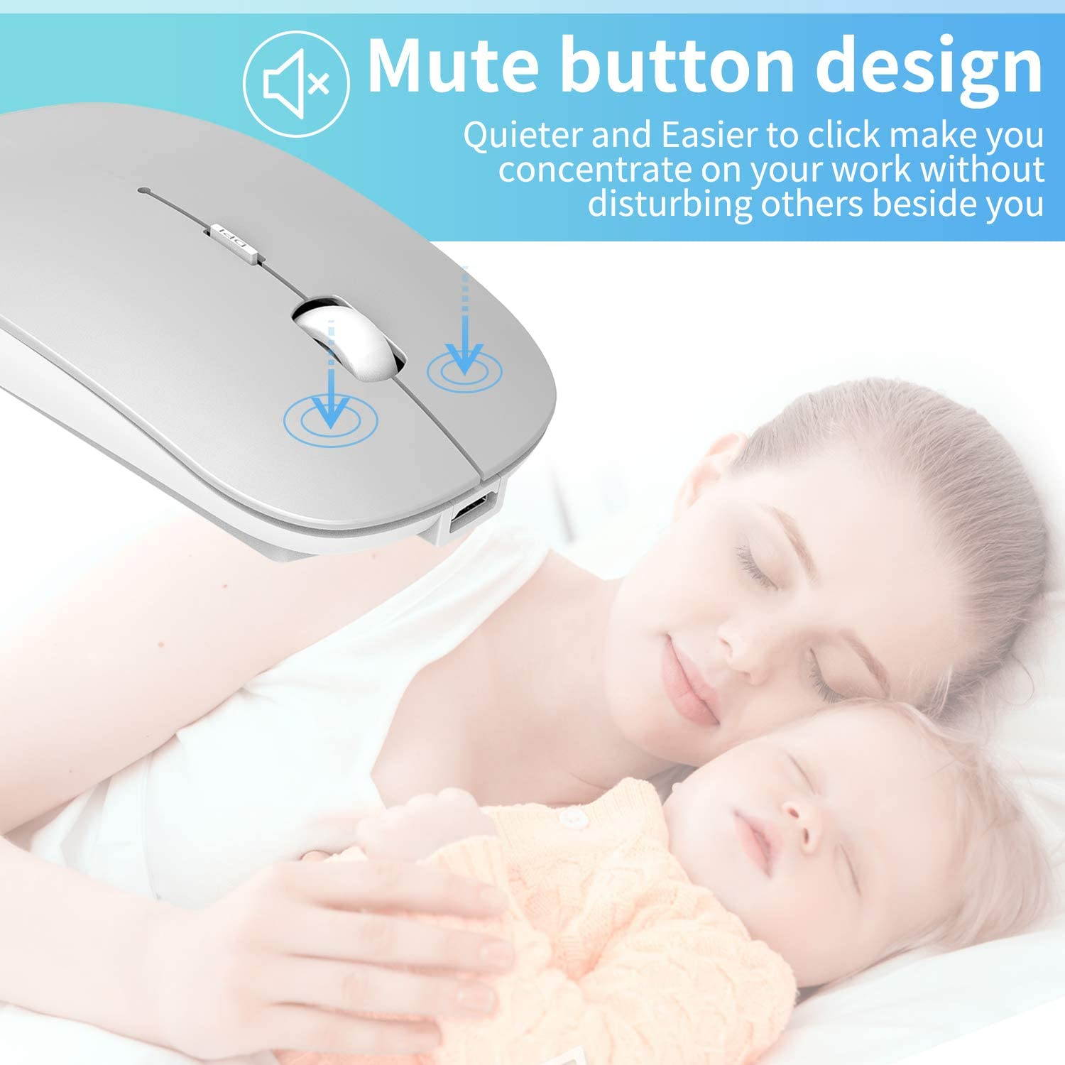 2.4GHz Wireless Bluetooth Mouse, 3 Adjustable DPI, Dual Mode Slim Rechargeable Wireless Mouse Silent USB Mice,Compatible for Laptop Windows Mac Android MAC PC Computer (Silver)