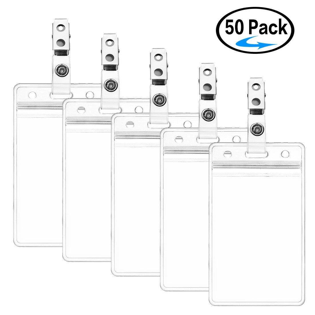 Badge Holder with Clip on Name Badge Holder Waterproof PVC ID Card Holder Vertical by ZHEGUI (50 Pack, Vertical 3.5X2.3)
