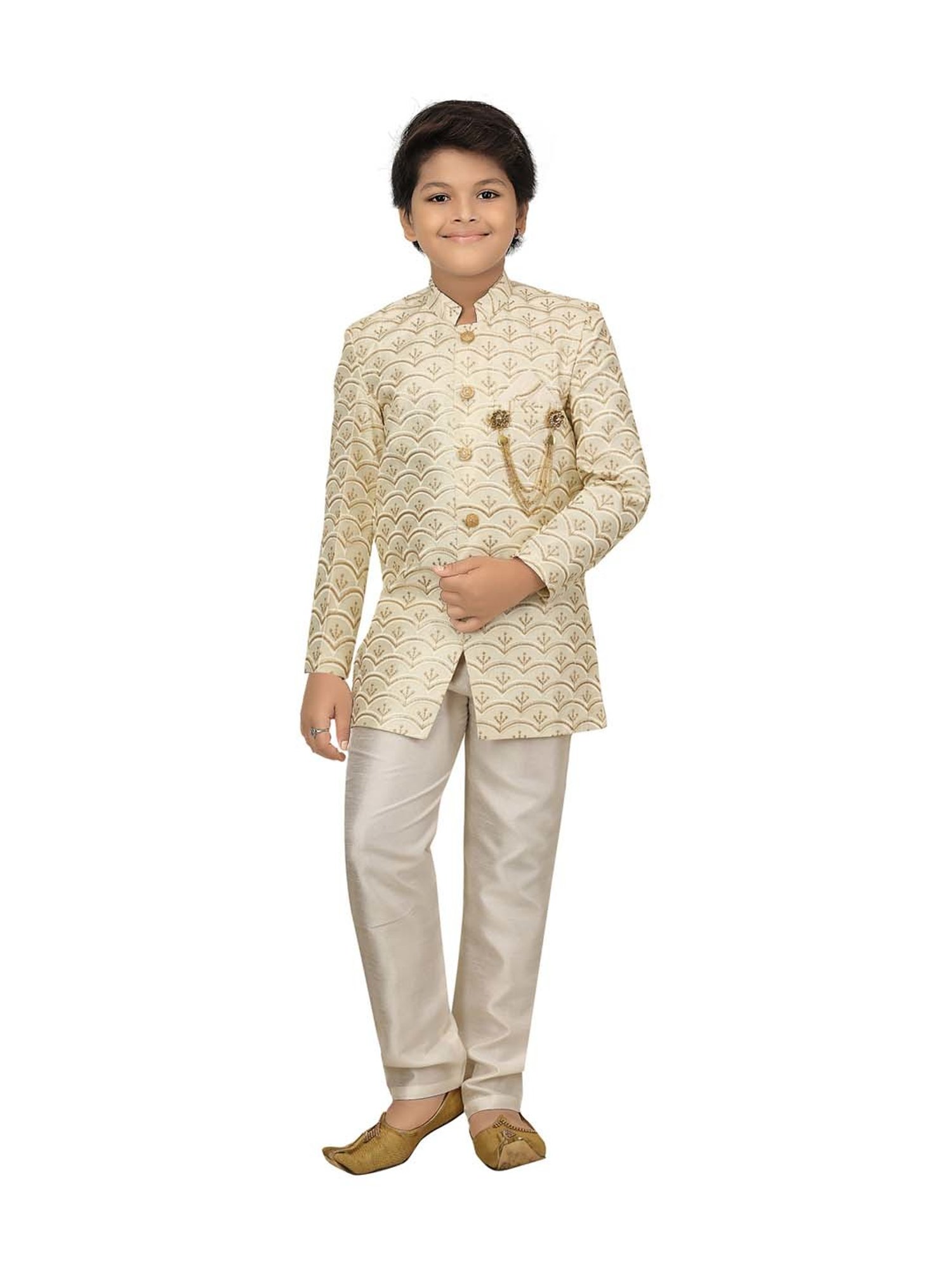 Ahhaaaa Kids Beige Cotton Embroidered Full Sleeves Kurta Set