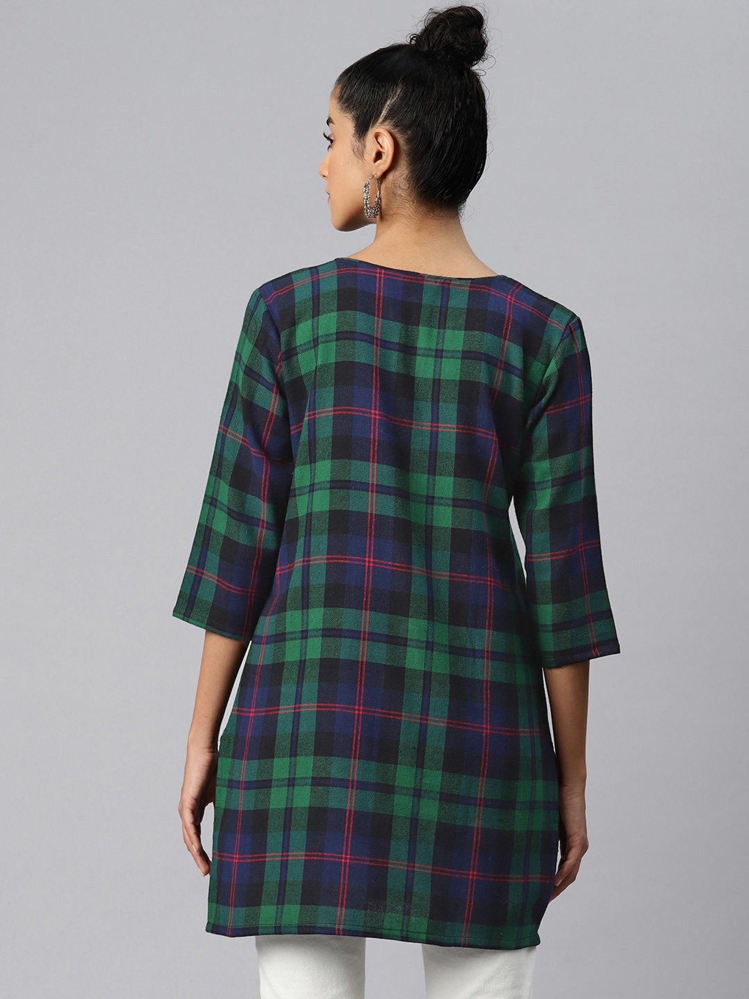 One Femme Green & Blue Check A Line Kurti