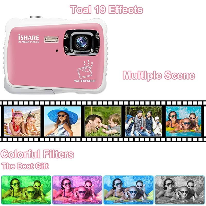 Camera21MP HD 3M Waterproof Digital Camera Waterproof Camera 20 Inch LCD Display8X Digital ZoomFlash and Mic for Boys Girls GiftPink