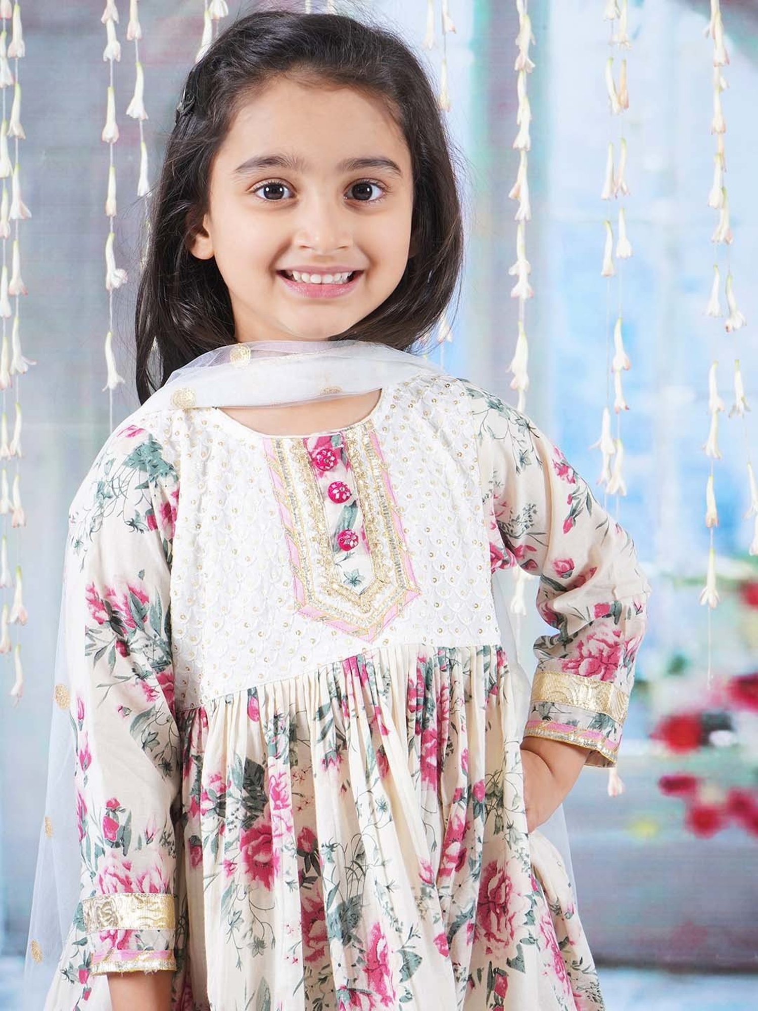 Little Bansi Cream & Pink Cotton Floral Print Kurta Set