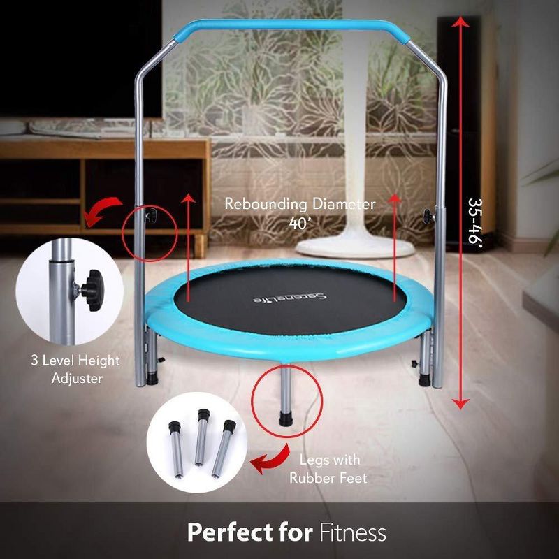 SereneLife SLELT403 40 Inch Adults Indoor Home Gym Outdoor Sports Exercise Fitness Trampoline with Handlebar and Padded Frame Cover