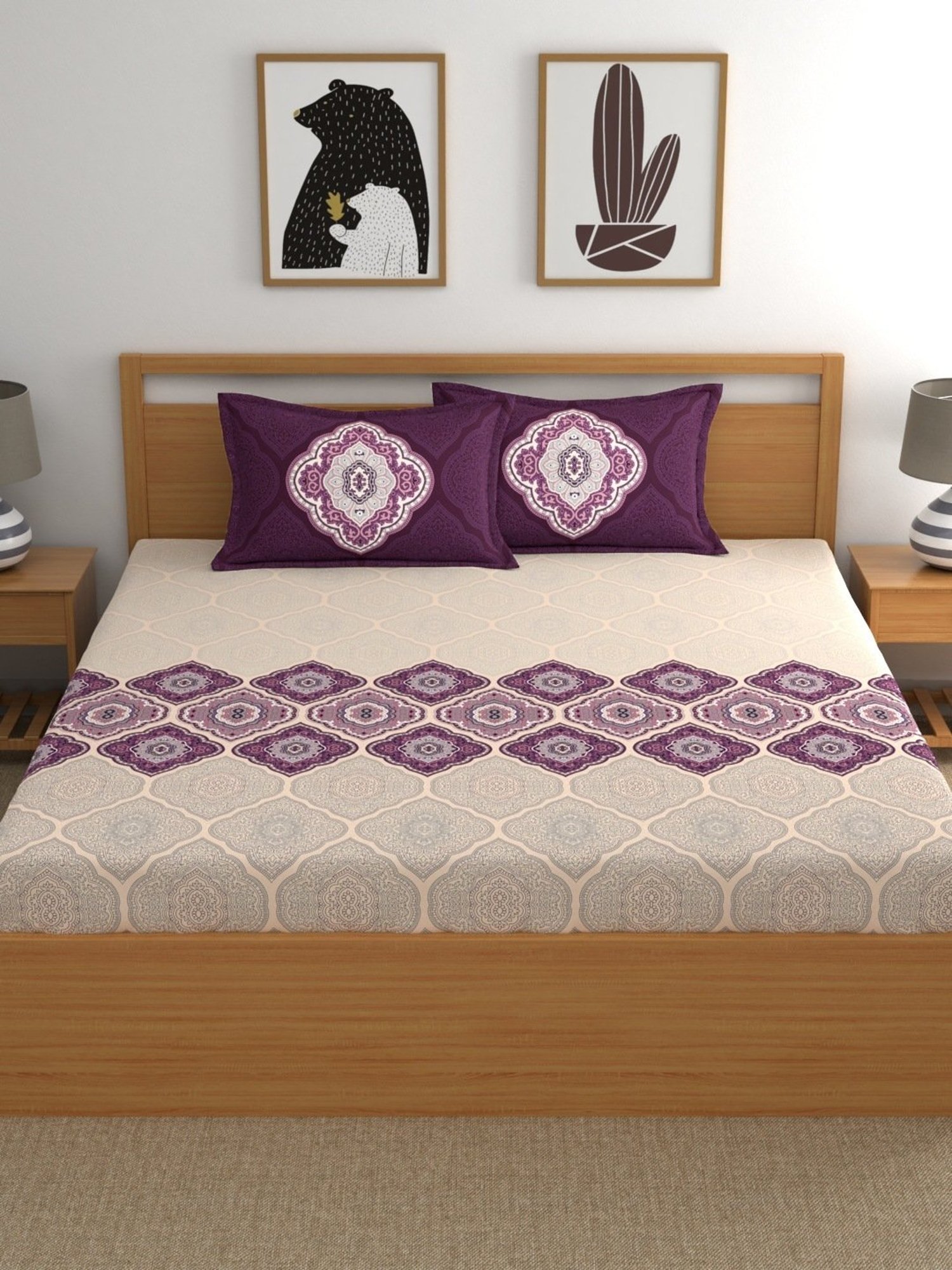 Dreamscape Ethnic Purple 140 TC Cotton King Fitted Bed Sheet with 2 Pillow Covers