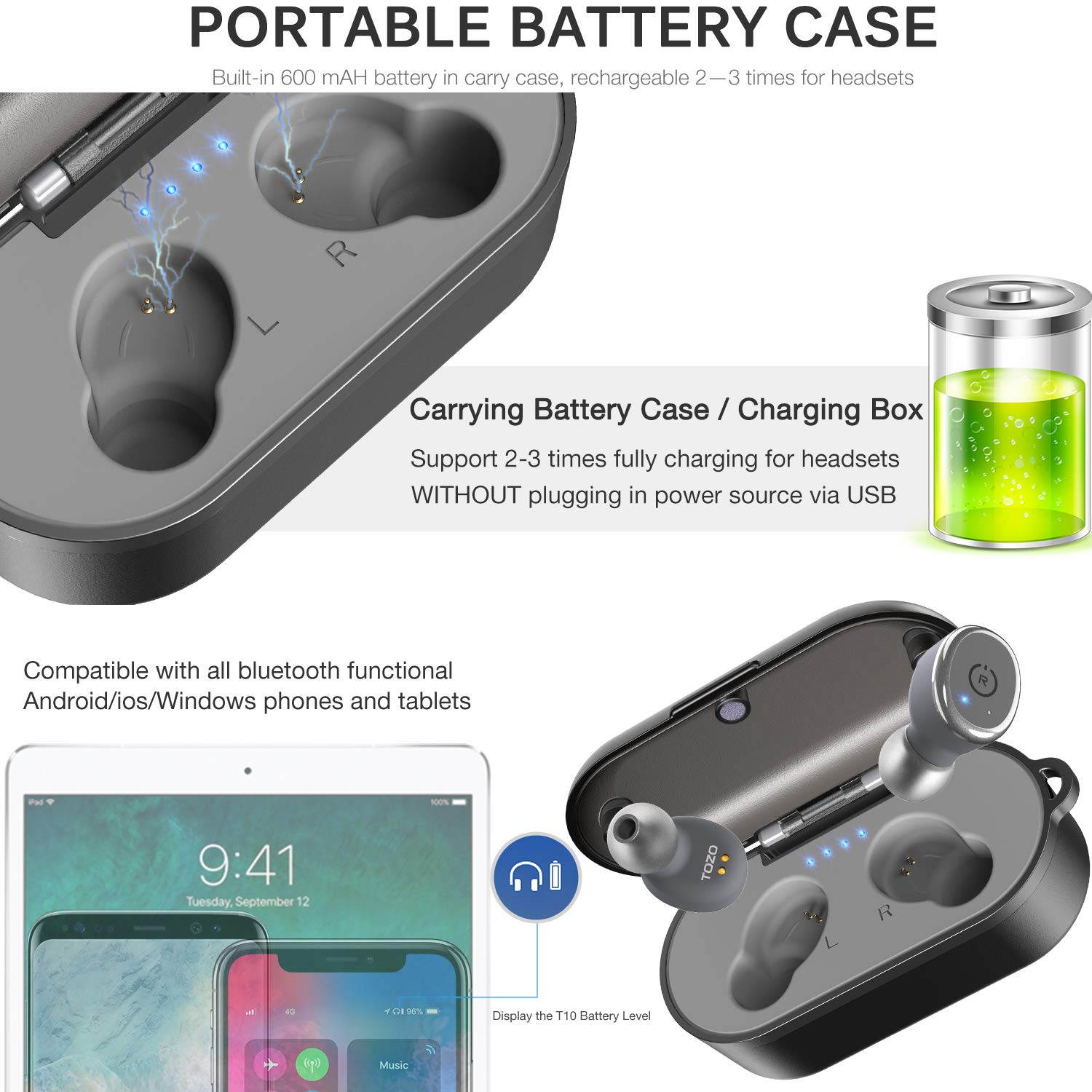 TOZO T10 Bluetooth 5.0 Wireless Earbuds with ?Wireless Charging Case Waterproof TWS Stereo Headphones in-Ear Built-in Mic Headset Premium Sound with Deep Bass for Sport