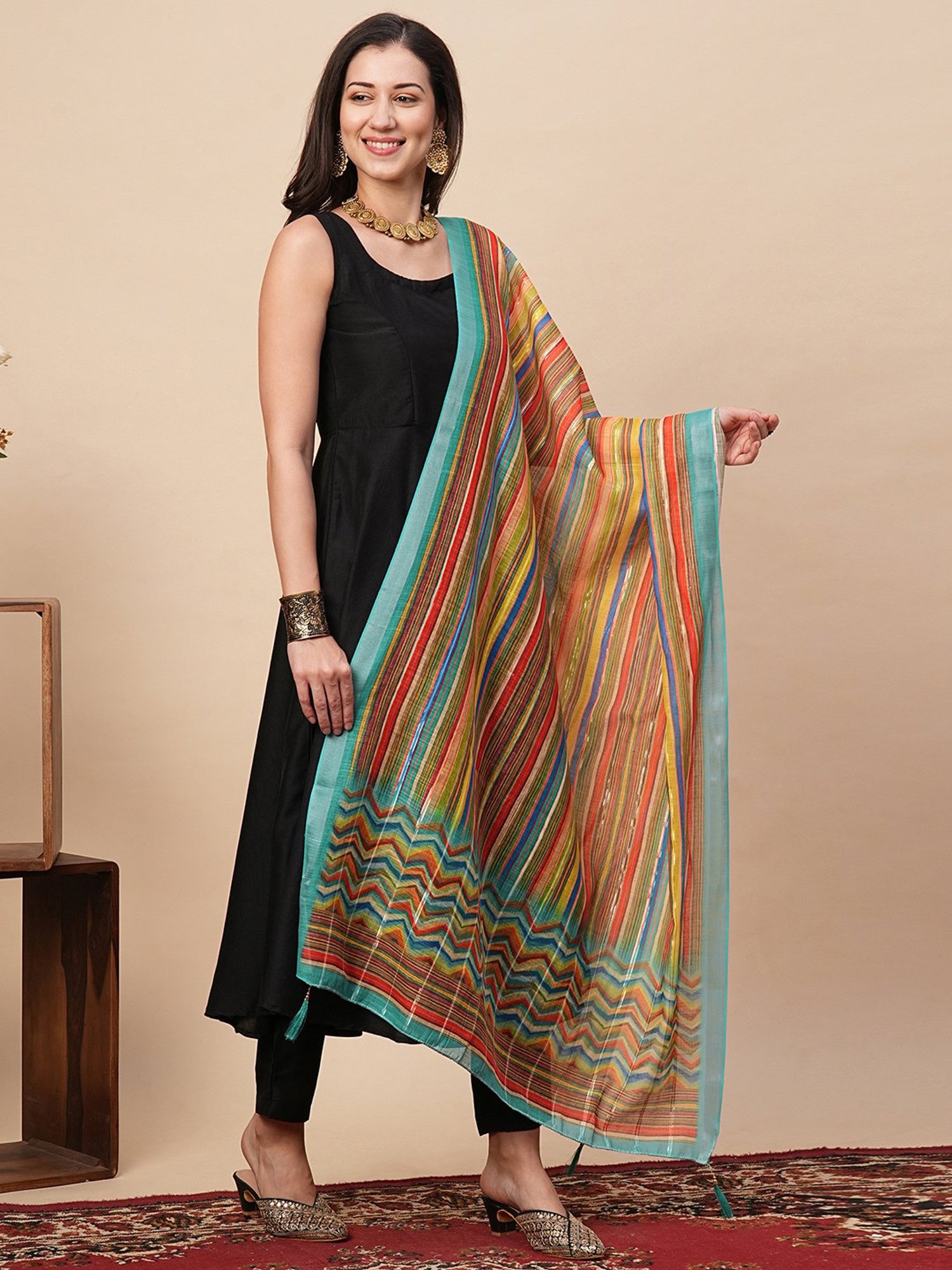 Globus Multicolor Silk Striped Dupatta