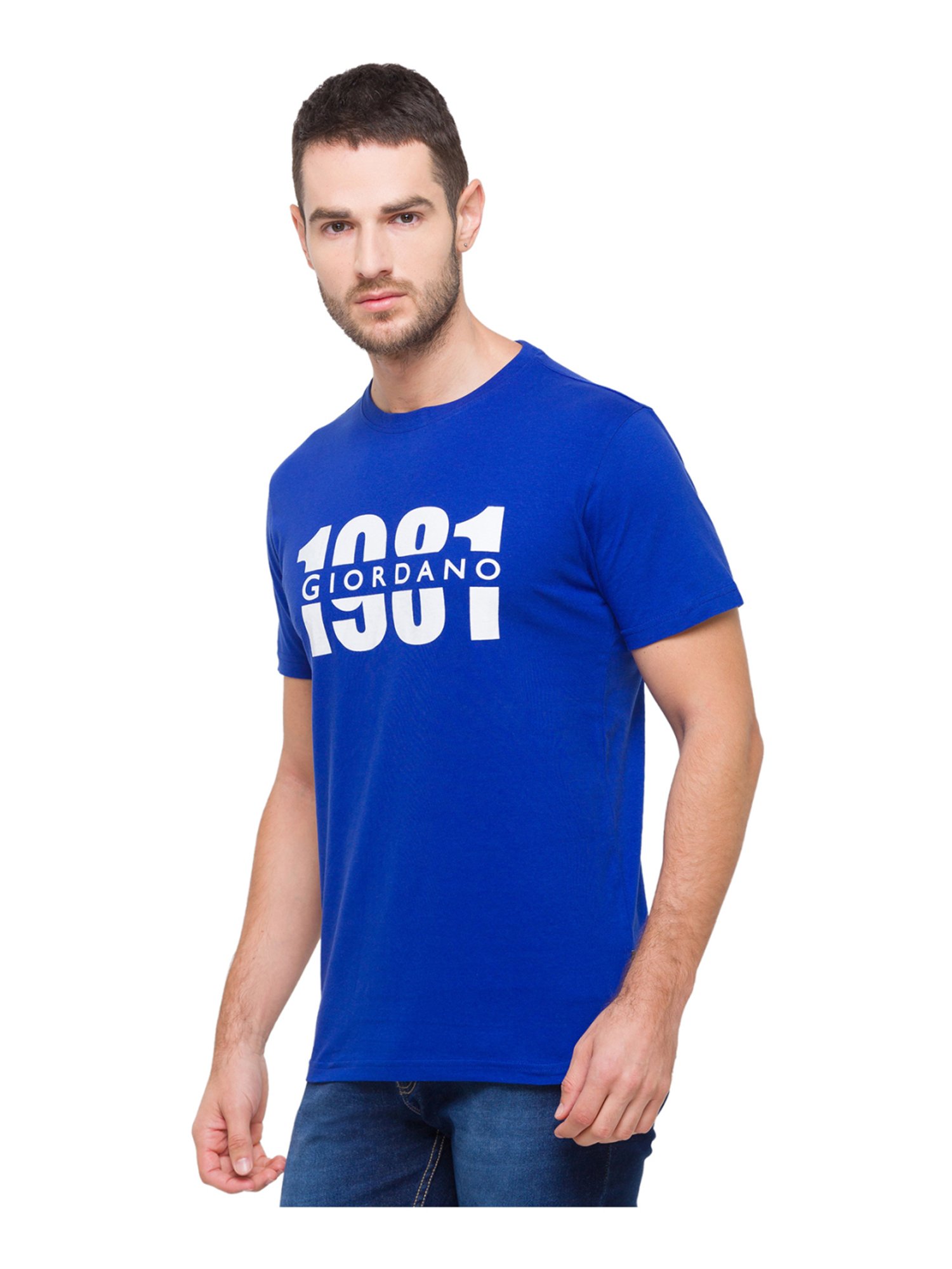 Giordano Blue Cotton Slim Fit Logo Printed T-Shirt