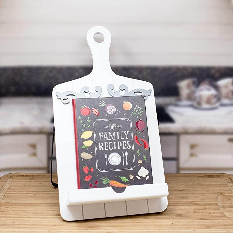 Cookbook and Tablet Holder White Scroll