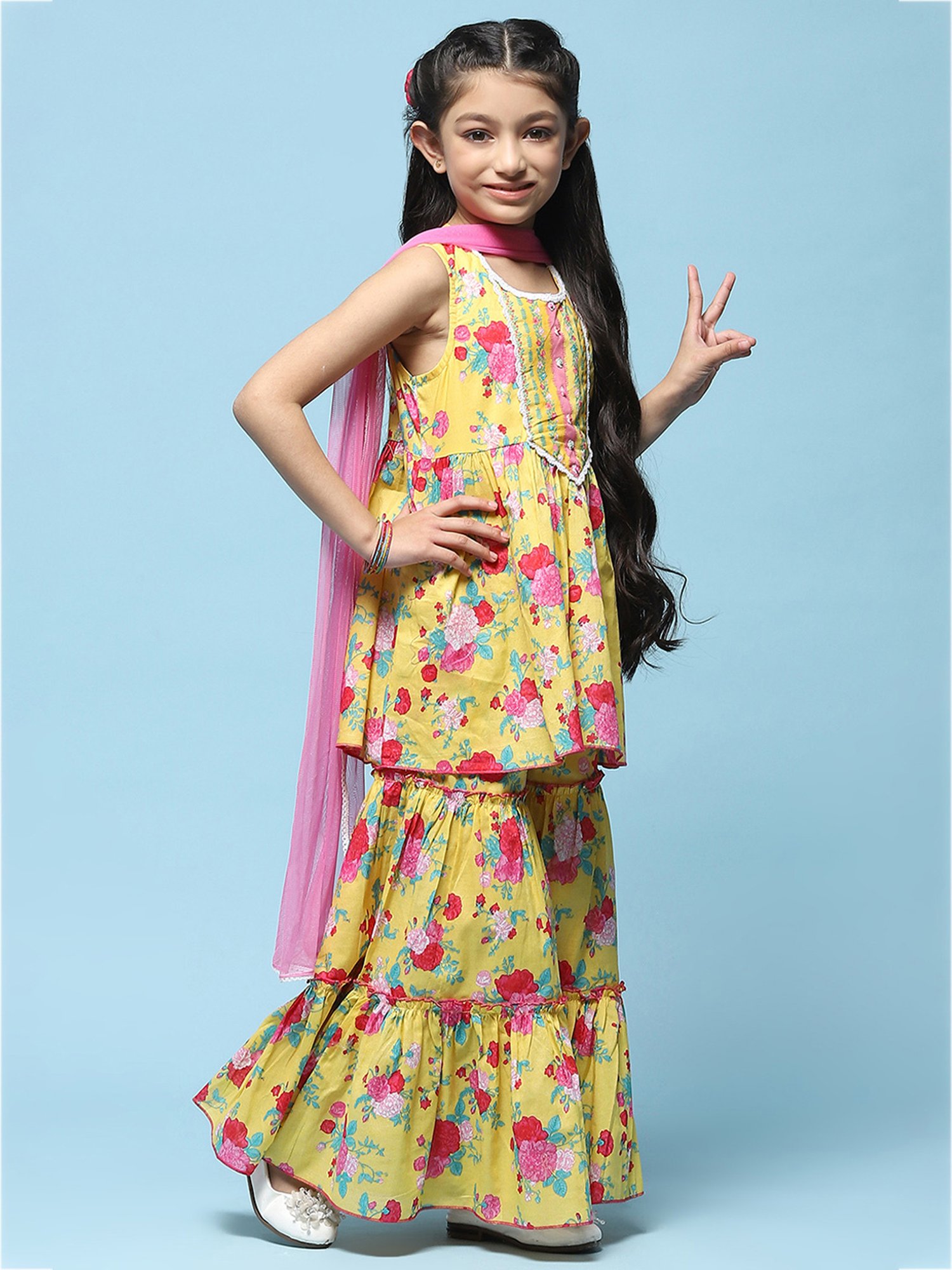 BIBA Girls Yellow & Pink Printed Kurta, Sharara with Dupatta