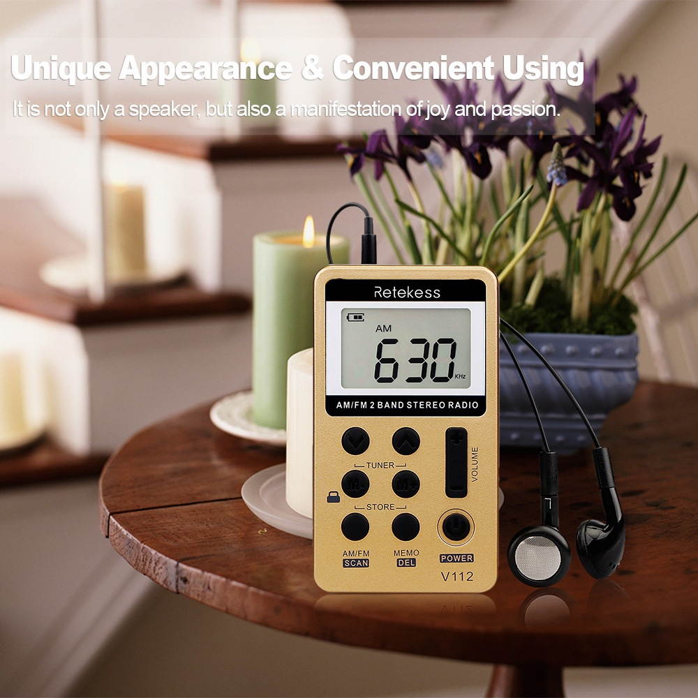 Retekess V-112 Portable AM/ FM Stereo Radio Pocket 2 Band Digital Tuning Radio Mini Receiver Outdoor Radio w/ Earphone Lanyard 1.5 Inch LCD Display Screen Rechargeable 500mAh Battery Sleep Timer