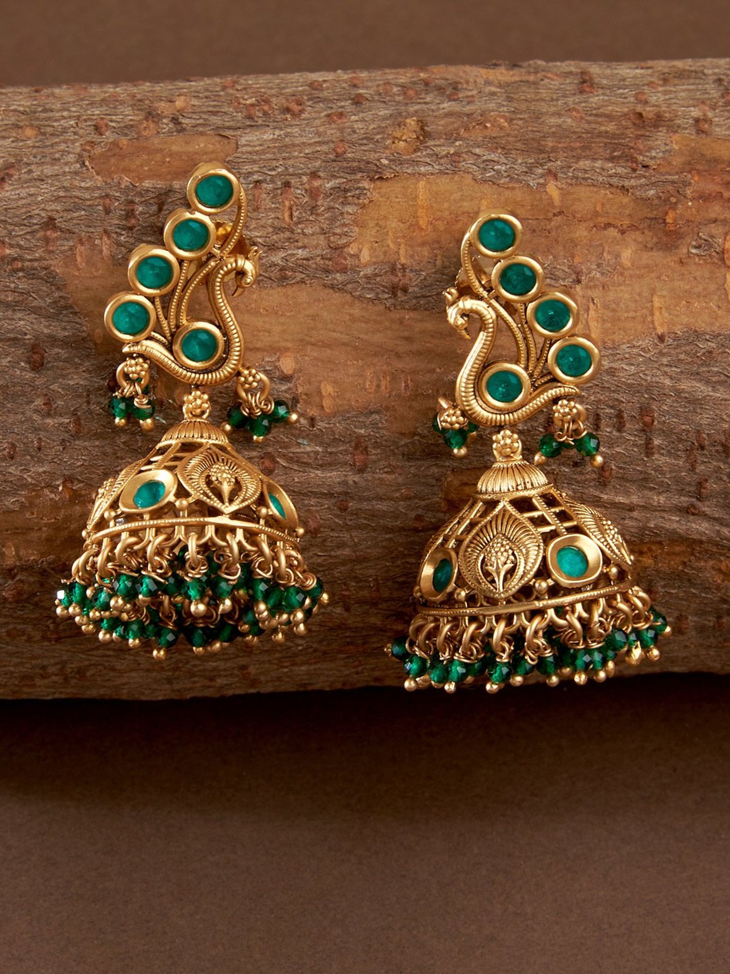 Fida Antique Emerald Stoned Peacock Temple Green Jhumki Earrings