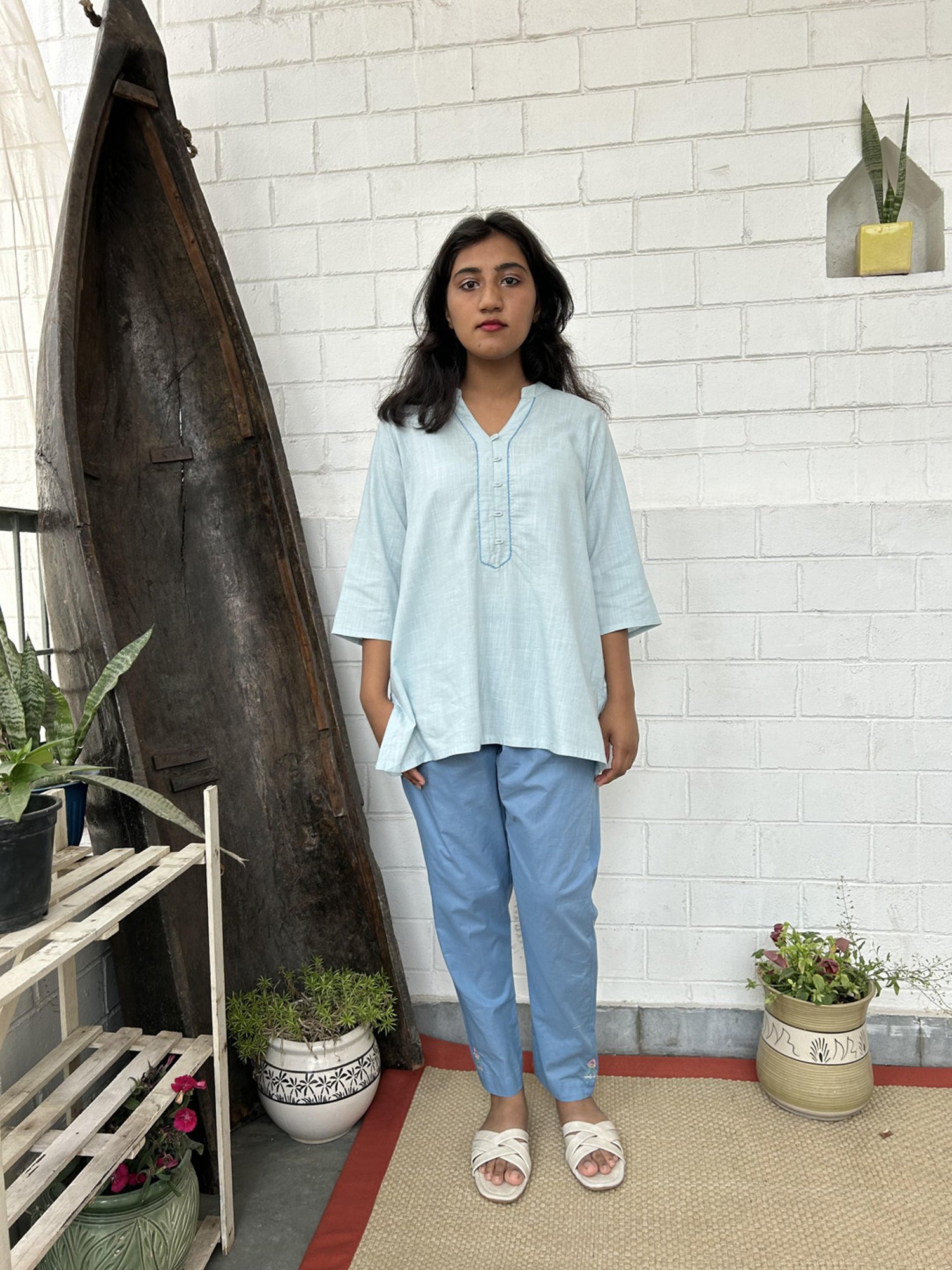 Zuri Sky Blue Kantha Embroidered Short Cotton Kurta