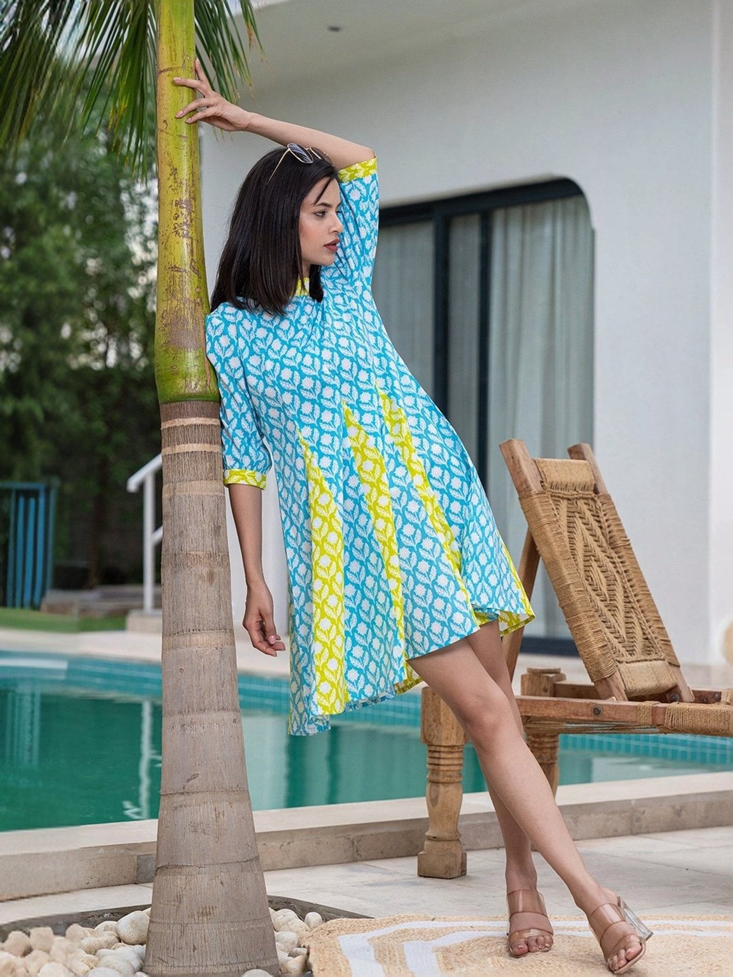 Yufta Blue & Green Cotton Printed A-Line Dress