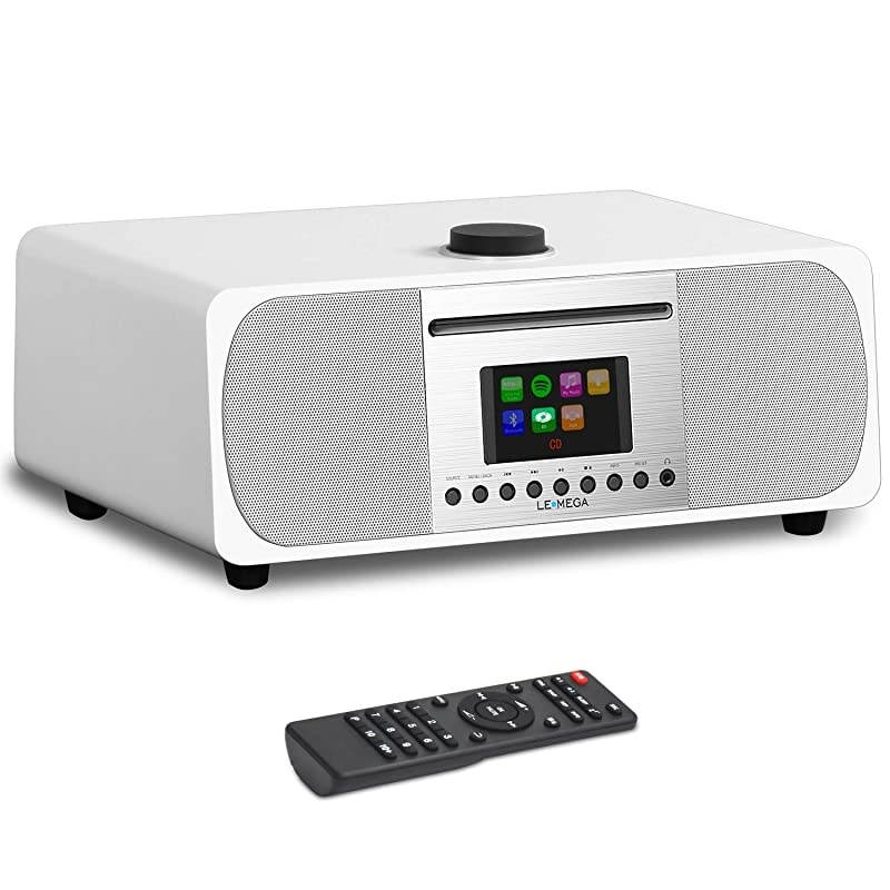 M5+ All-in-One Music System CD Player,Internet Radio,FM Radio,WiFi,Spotify Connect,Bluetooth,Wooden Box,USB MP3,Headphone-Out,Clock&Alarms,Colour Display, Remote& app Control &ndash;White