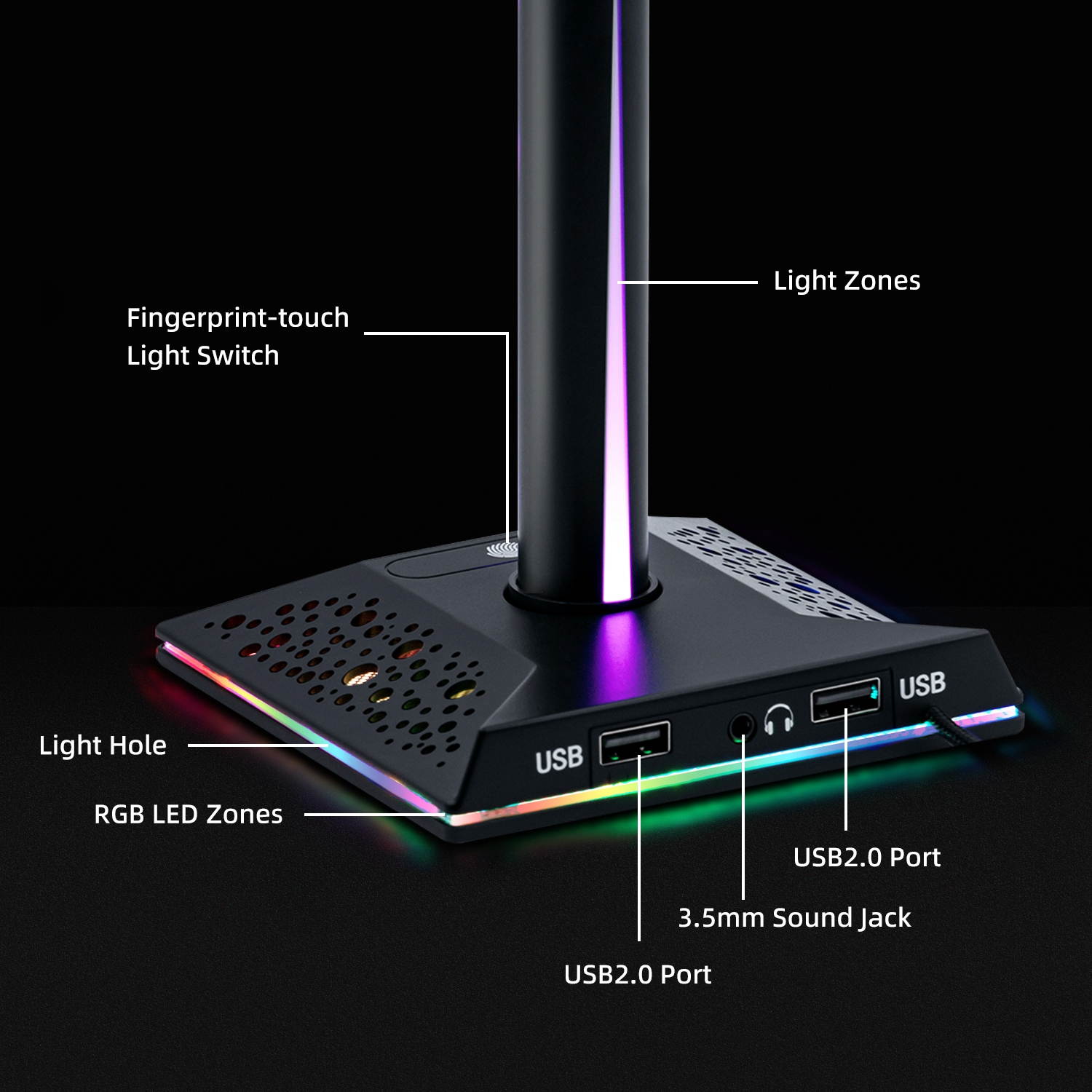 RGB Headphone Stand With 2 USB 2.0 Hub and 3.5mm Port for PC