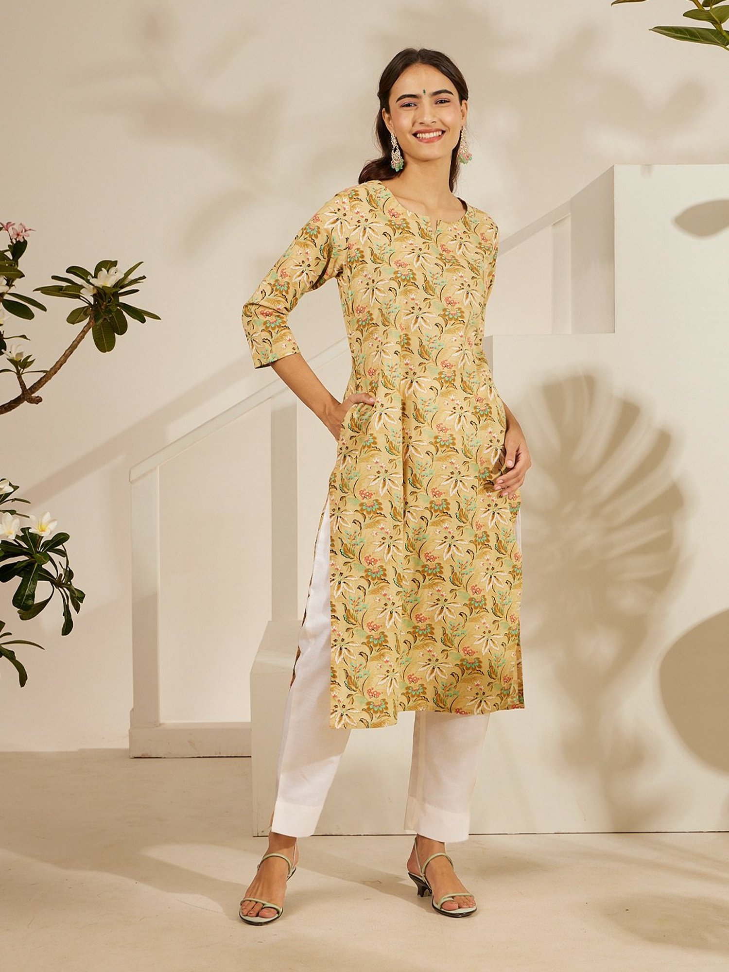 Daali Beige Cambric Basics Round Neck 3/4 Sleeves Kurta with Two Pockets