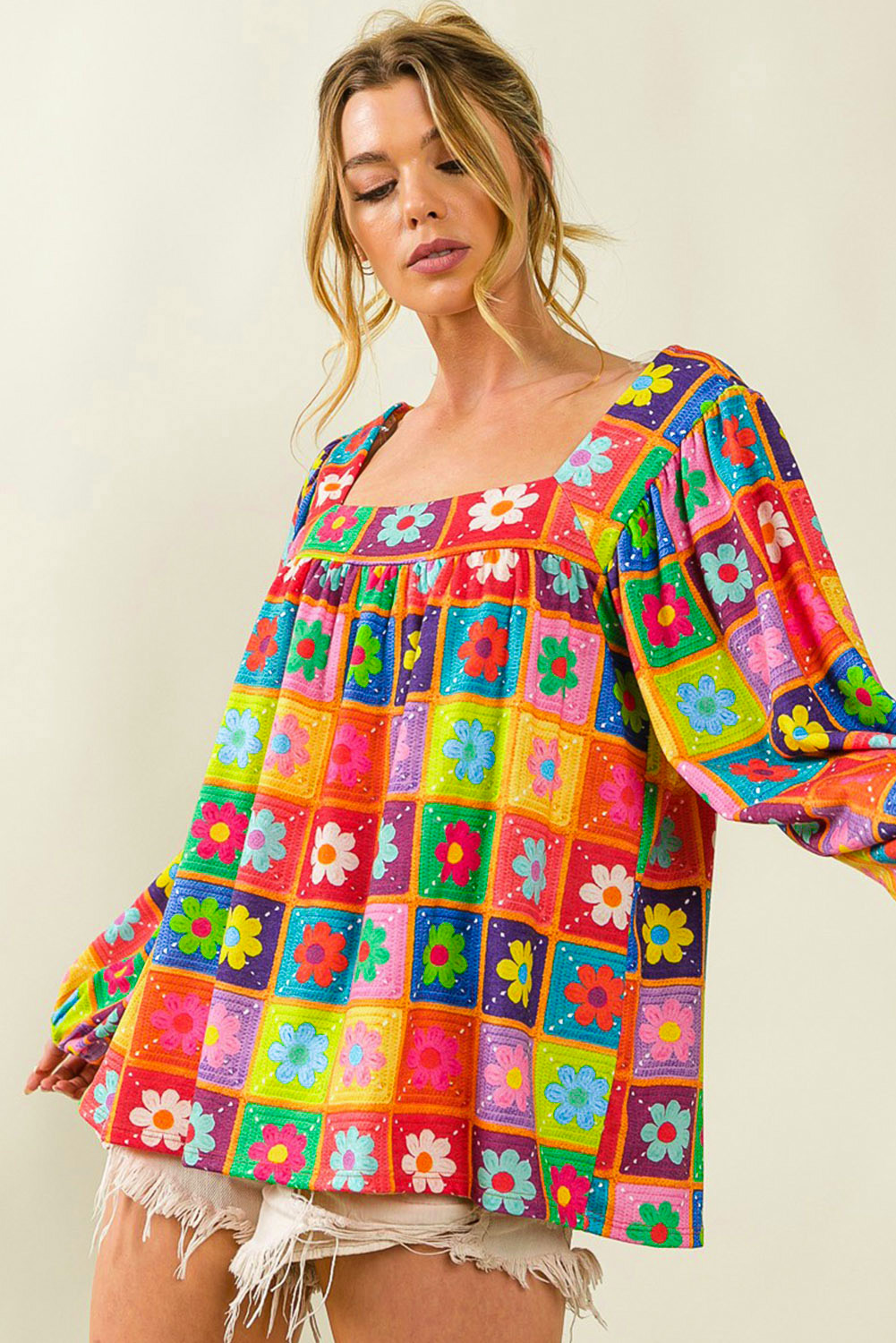 Multicolor 60s Flower Pattern Lantern Sleeve Square Neck Top