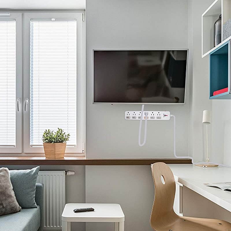 Protector Power Strip 6 ft Extension Cord 14AWG Straight Wire Plug Independent switches 125V15A Hanging Hole SGS CertificationWhite