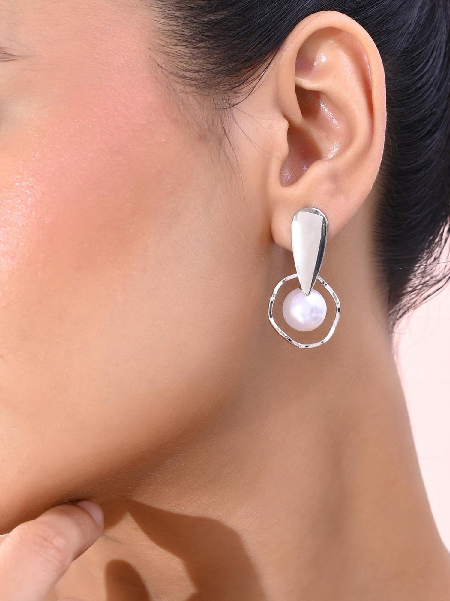 VOJ Silver-Plated Handcrafted Pearl Studded Korean Drop Earrings for Women