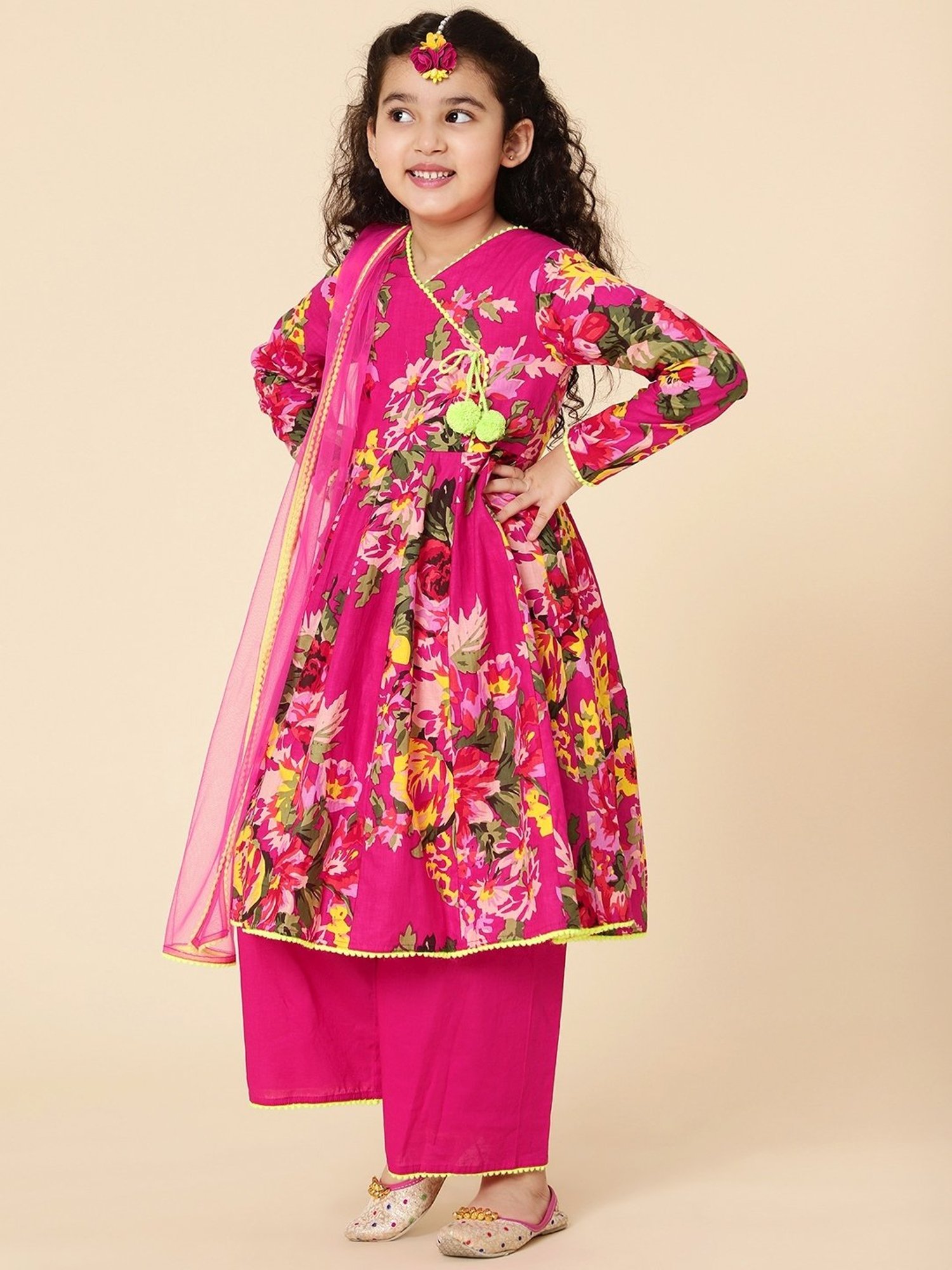 A.T.U.N. Kids Pink Cotton Floral Print Full Sleeves Anarkali Set