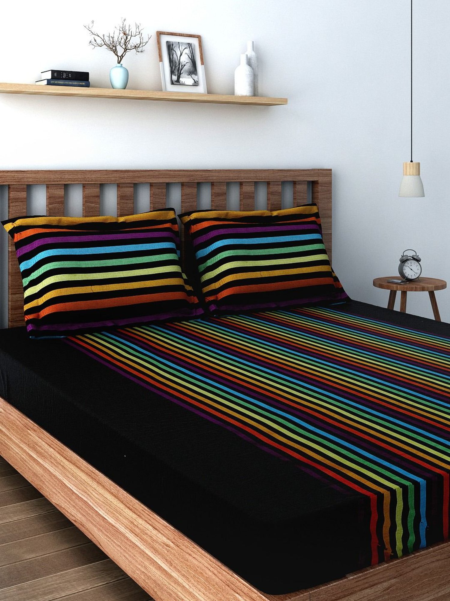 Swayam Magical Linea Stripes Multicolor 180 TC Cotton King Bedsheet with 2 Pillow Covers