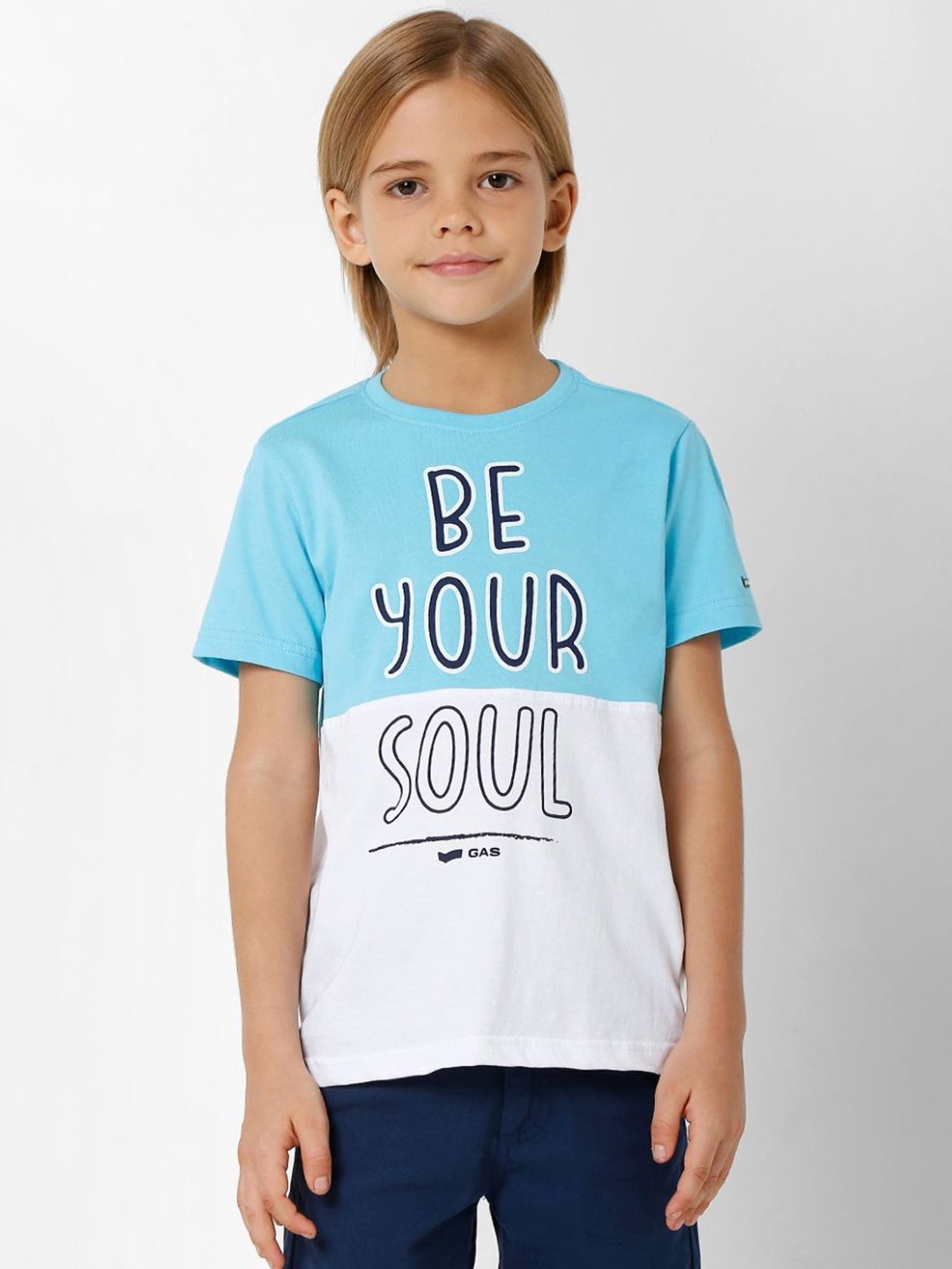Gas Kids Blue & White Cotton Color Block T-Shirt