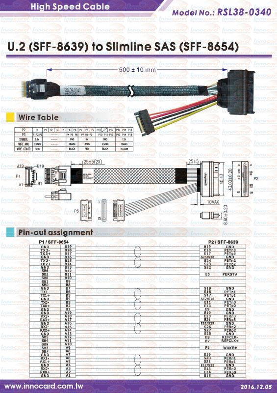 SlimSAS 4i (SFF-8654)/PCIe Gen3 to U.2(SFF-8639) Cable, 50cm