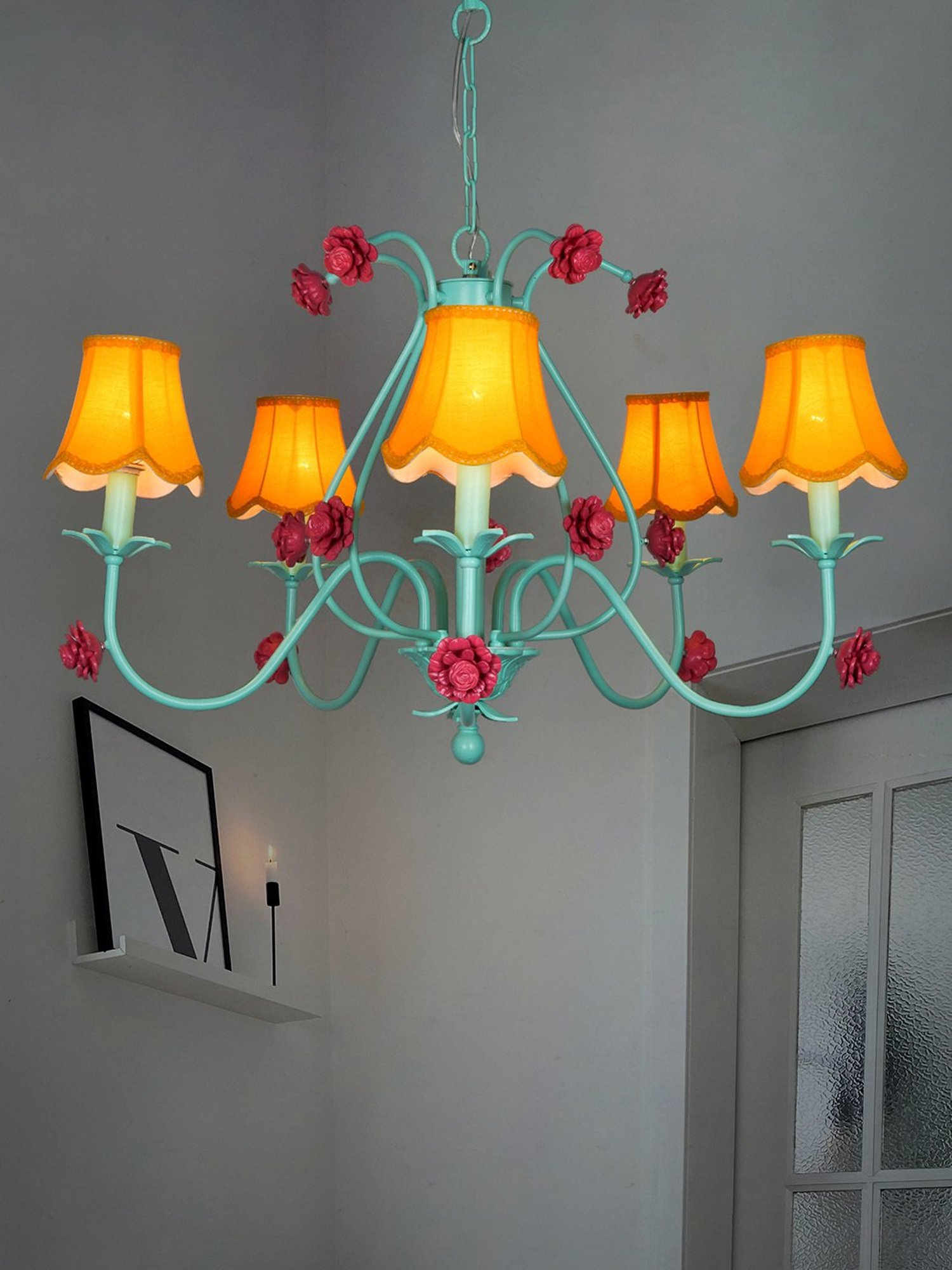 Fos Lighting 36-Inch Wide 5-Light Steel Ceiling Chandelier With Yellow Scallop Bell Fabric Shades