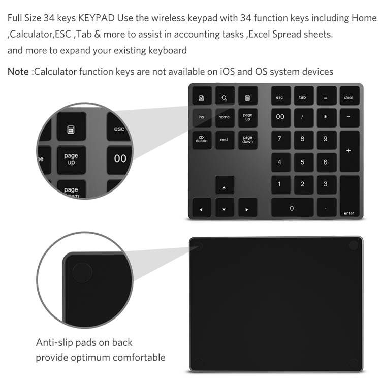 Mini Numeric Keyboard Wireless Bluetooth Keypad 34keys Calculator Keyboard Rechargeable Keypads for Windows/ iOS/Android For PC Macbook Number Pad Mini