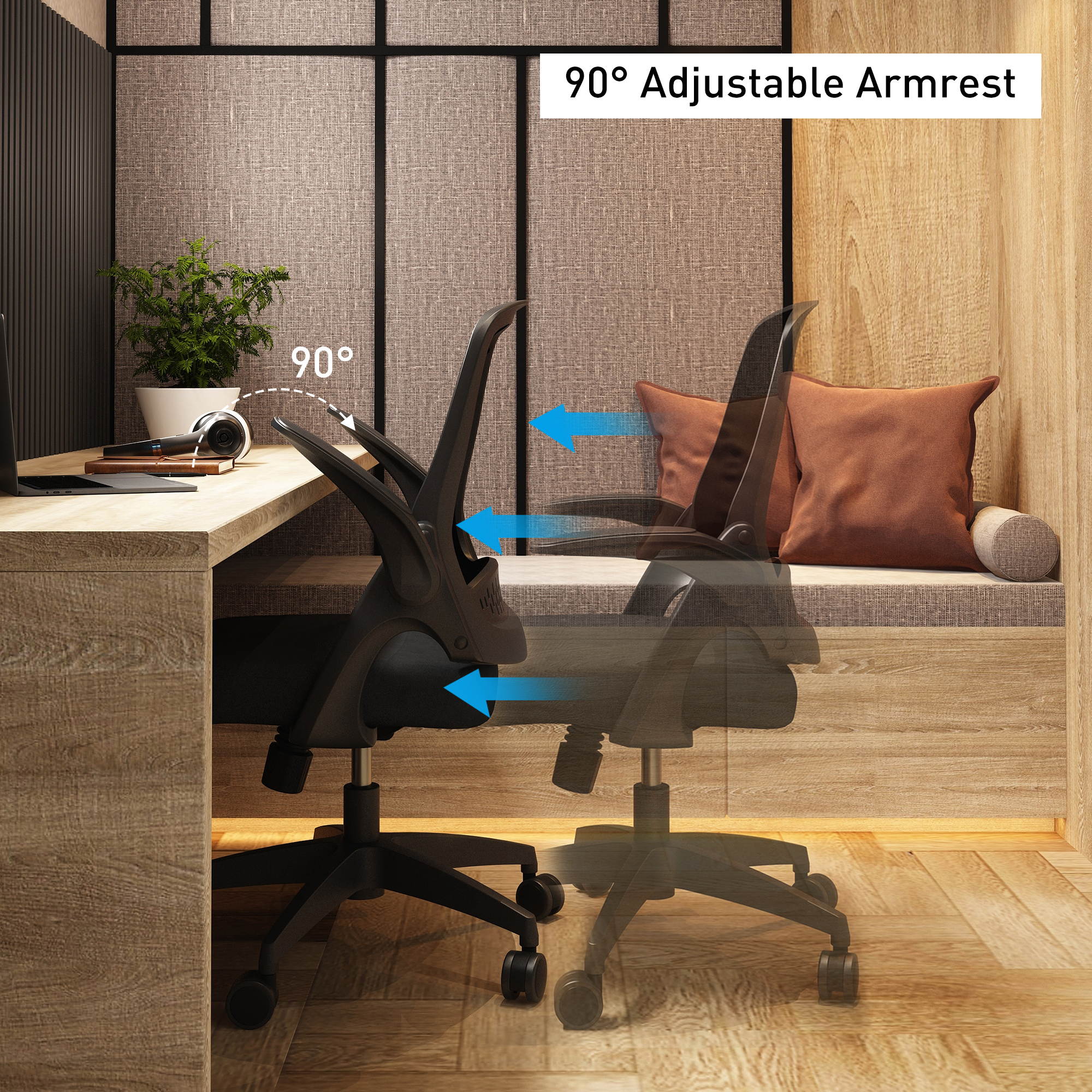 Hbada Office Task Desk Chair Swivel Home Comfort Chairs with Flip-up Arms and Adjustable Height, Black