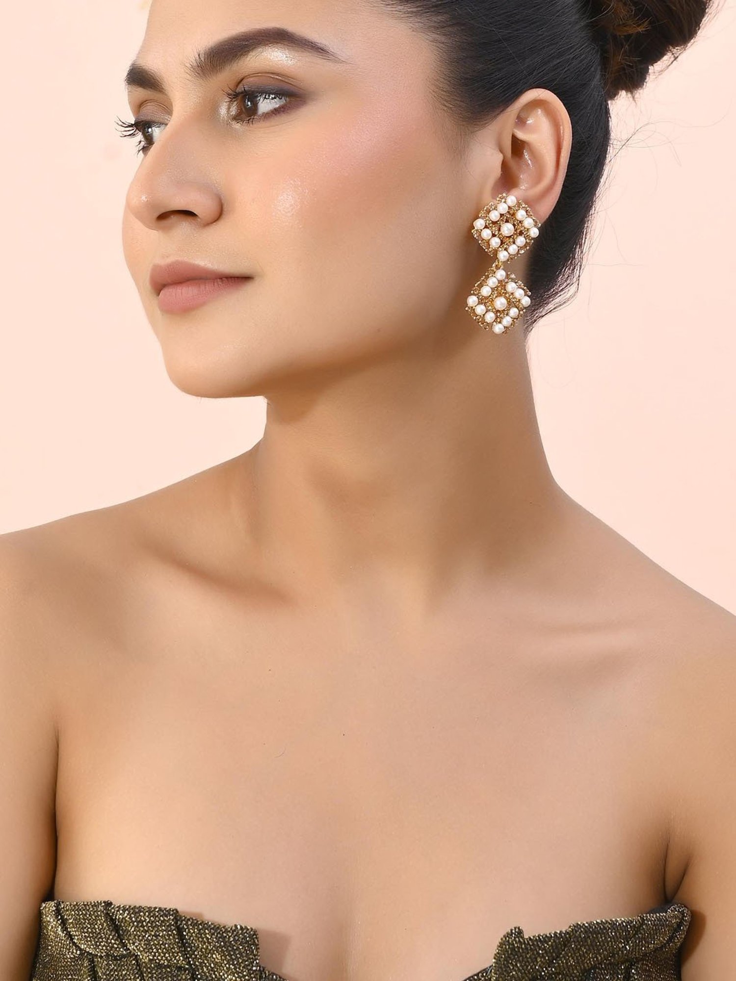 VOJ Gold Plated Pearl and Gold Stone Drop Stud Earrings for Women