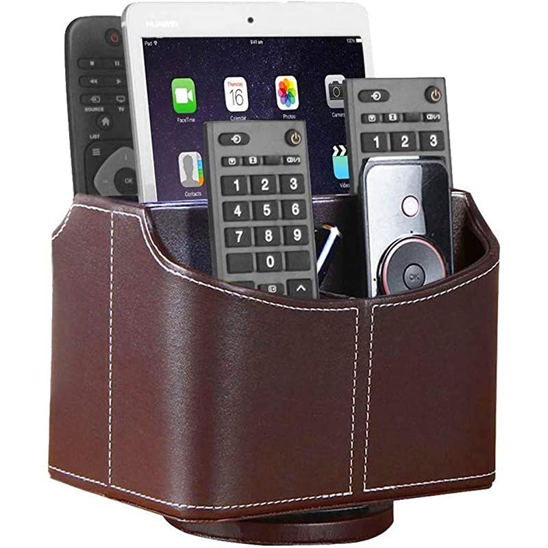 Control Holder PU Leather 360 Degrees Rotatable Desktop Supply Organizer Storage Box for Controllers Media Stationery Nightstand TV Caddy Ereader iPad Phone PenPencil CosmeticBrown