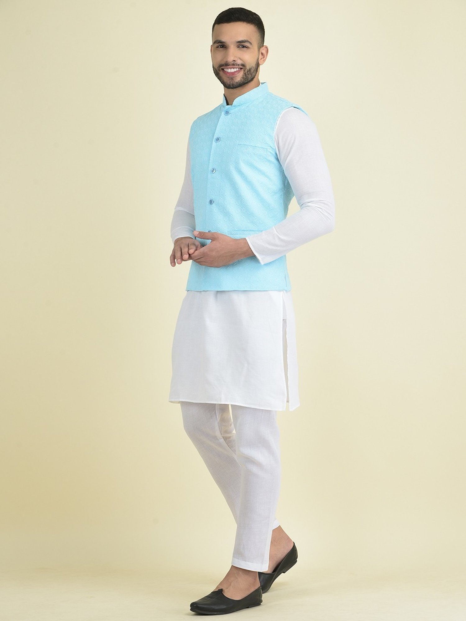 Deyann Blue & White Cotton Regular Fit Embroidered Kurta Set With Jacket