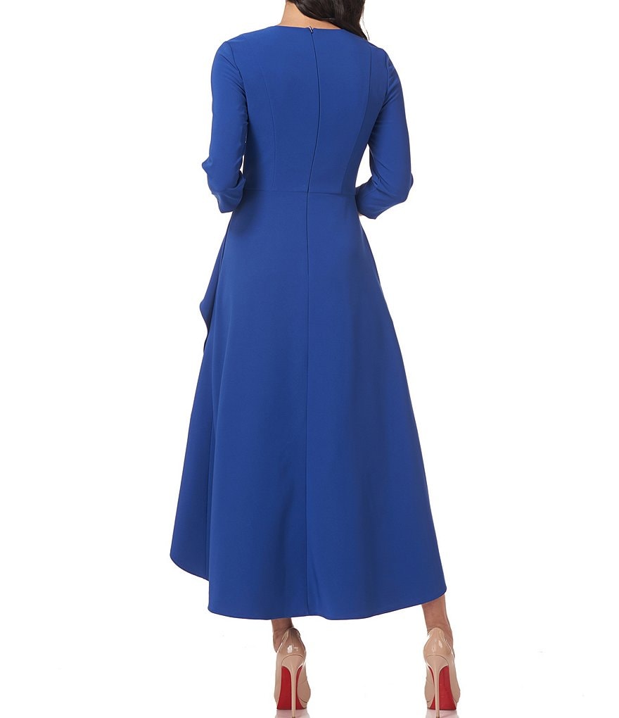 Kay Unger Bria Stretch Crepe Ruffle Jewel Neck 3/4 Sleeve Hi-Low Gown