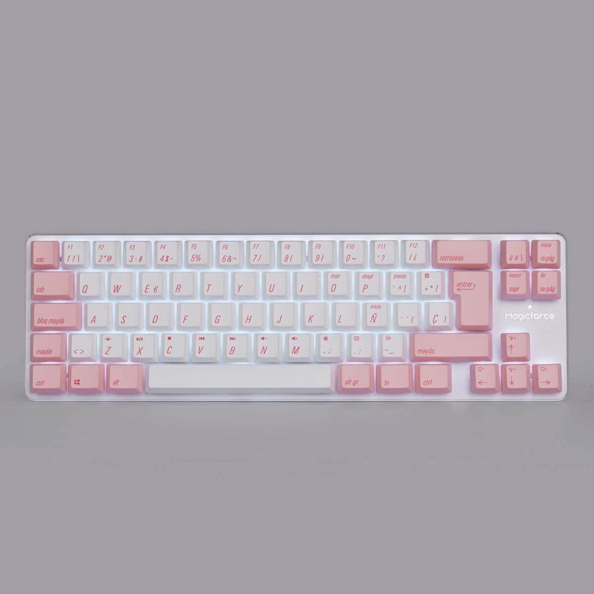 Qisan Wired Mechanical Gaming Keyboard PBT Keycaps 69 Keys Gateron Blue Switch White Backlit ES QWERTY Layout Pink Keycaps Female Gaming Keyboard