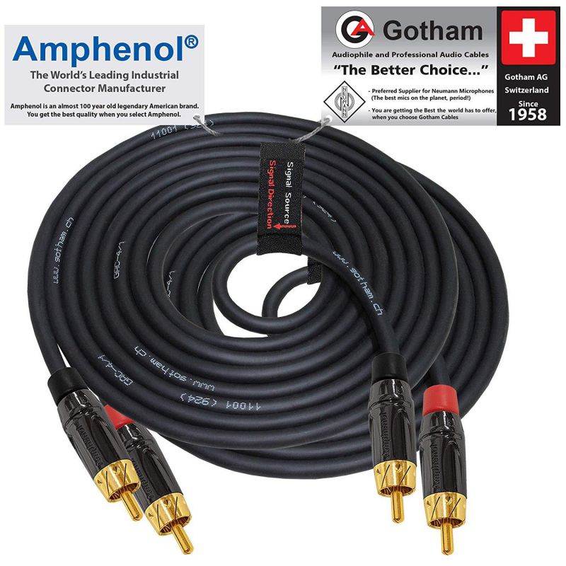 15 Foot RCA Cable Pair - Gotham GAC-4/1 (Black) Star-Quad Audio Interconnect Cable with Amphenol ACPL Black Chrome Body, Gold Plated RCA Connectors - Directional
