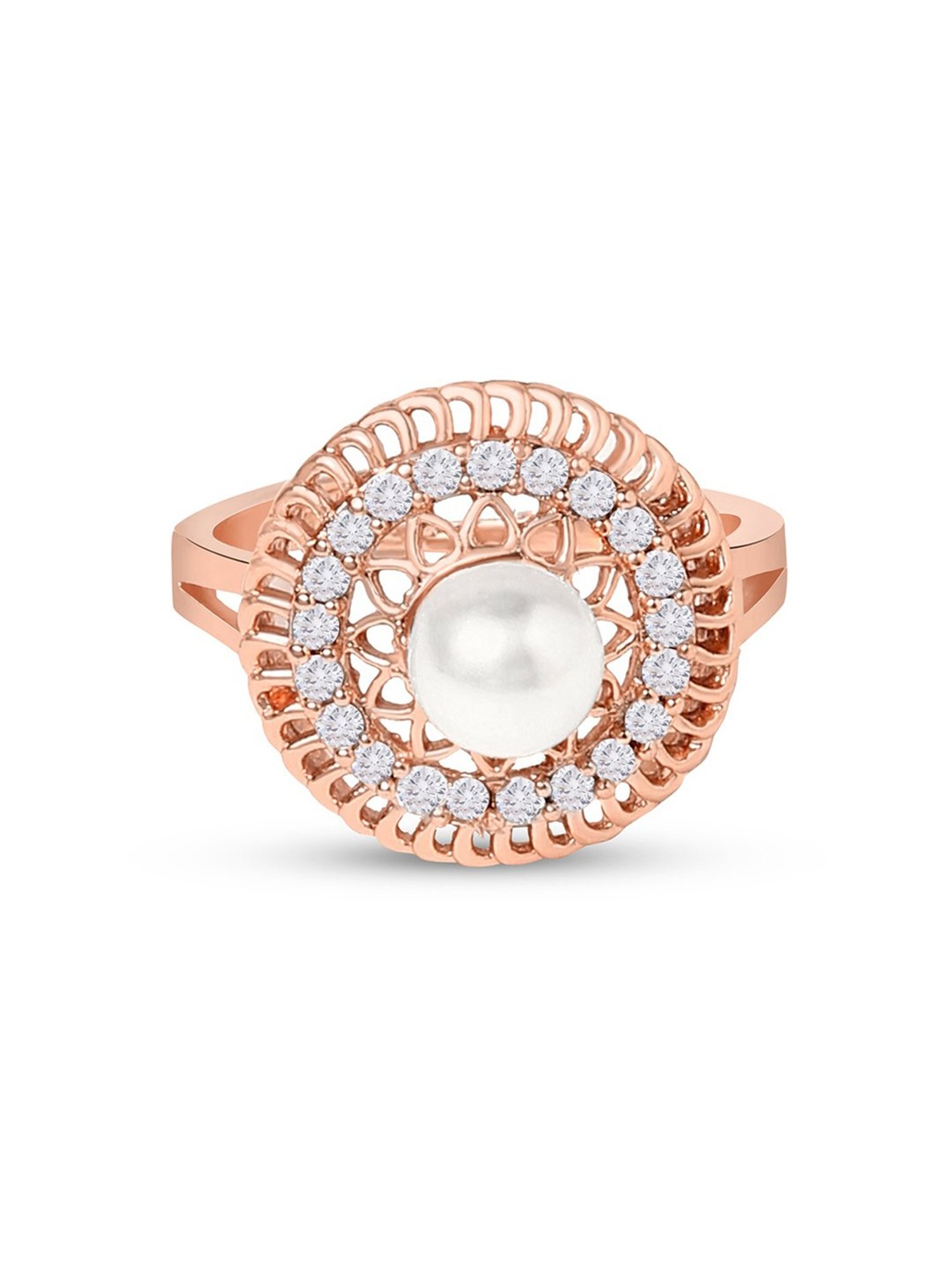 Zaveri Pearls Rose Gold Cubic Zirconia & Pearl Contemporary Brass Ring Cocktail Ring - ZPFK10900