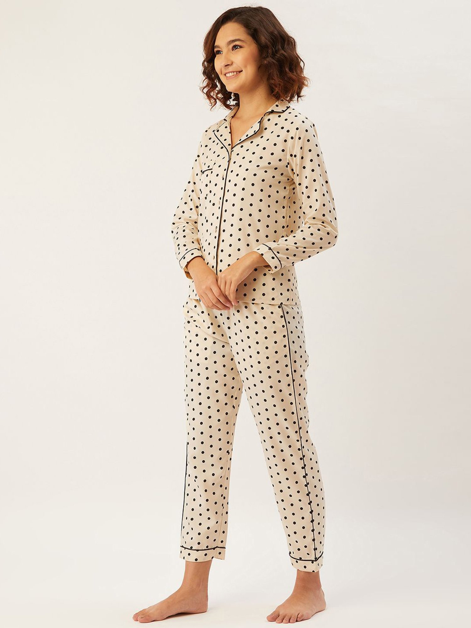 Anvi Be Yourself Cream Polka Dots Shirt Pyjama Set