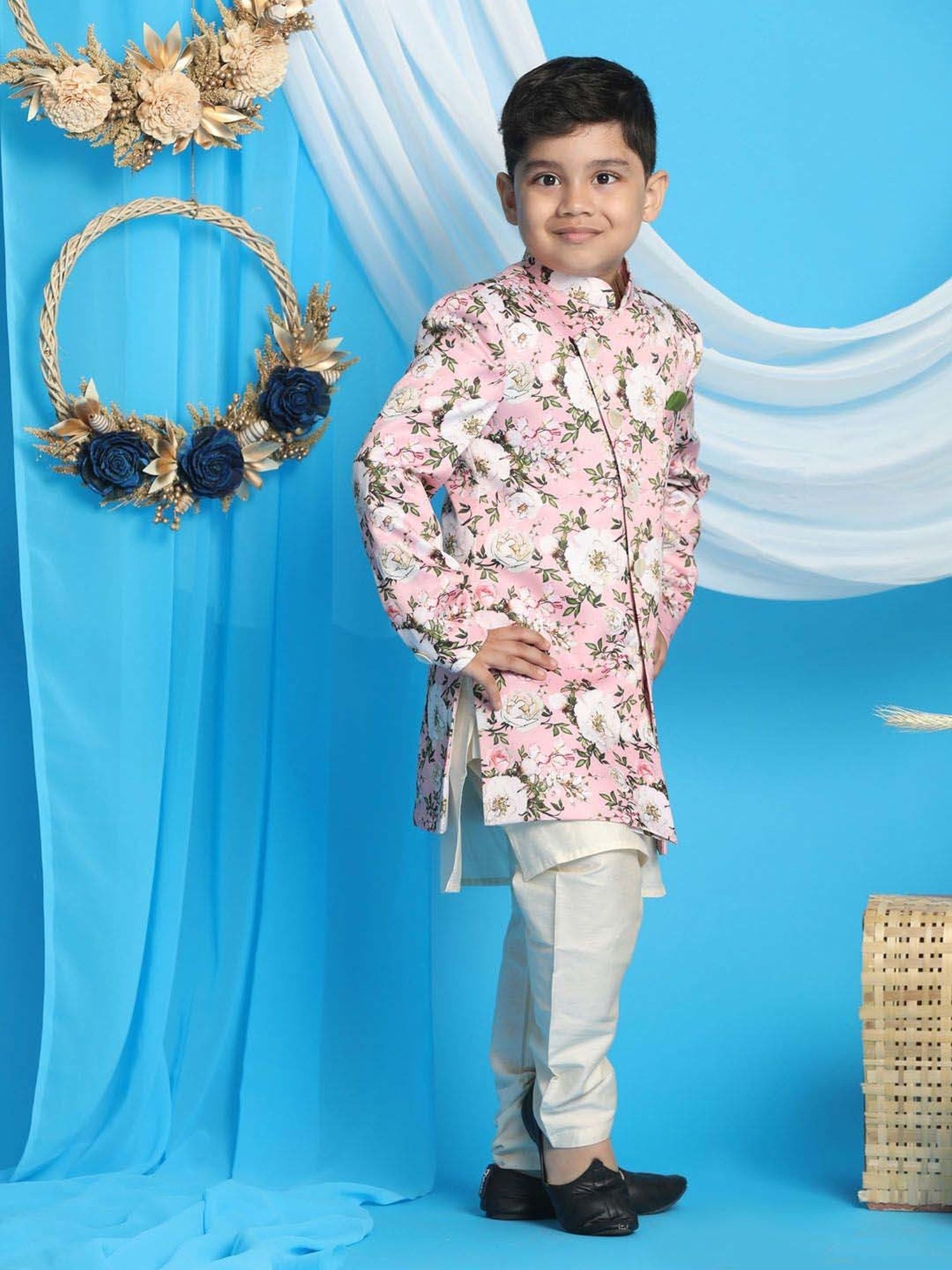AJ Dezines Kids Black Embellished Full Sleeves Sherwani with Pants