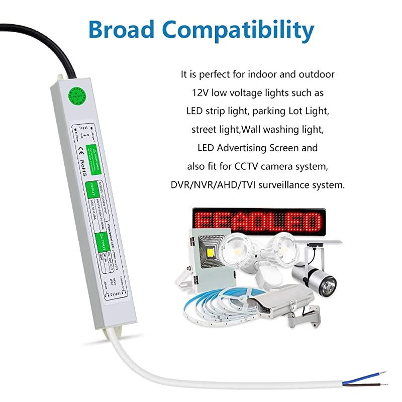 LED Driver 36W Waterproof IP67 12V 3A Power Supply Adapter Transformer AC 110~260V to DC 12 Volt 3 Amp 36 Watt Converter for Outdoor LED Lighting LED Strip Module Street Lights CCTV Camera