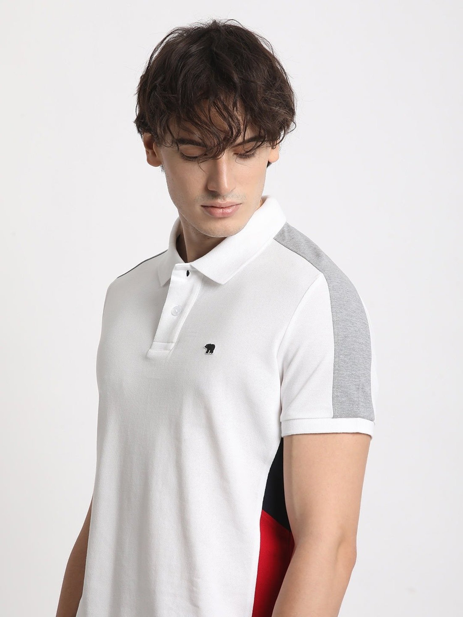 The Bear House White Cotton Slim Fit Colour Block Polo T-Shirt
