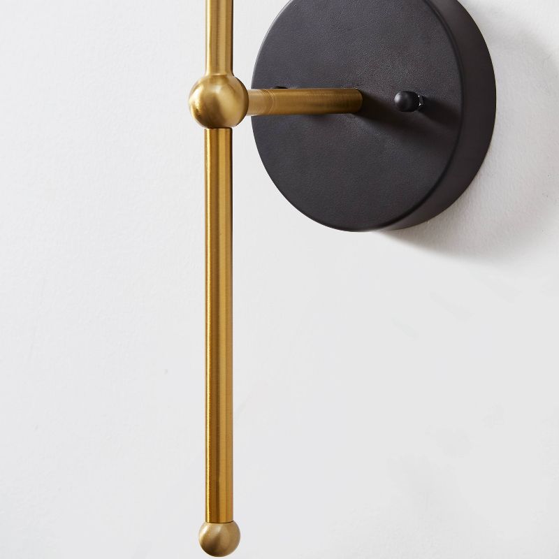 Barnes and Ivy Modern Swing Arm Wall Lamp Antique Brass Plug-In Light Fixture Taupe Fabric Bell Shade Bedroom Living Room Reading