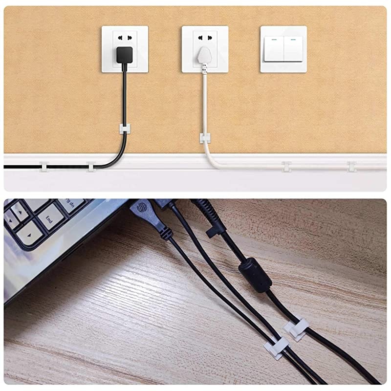 Wire Clips White Adhesive 100PCS  Self Adhesive Cable Clips Cord Organizer Wire Management Flat Ethernet Cable Holder Clamps Sticky Cable Tie Holder for Wall Car Office and Home Desk